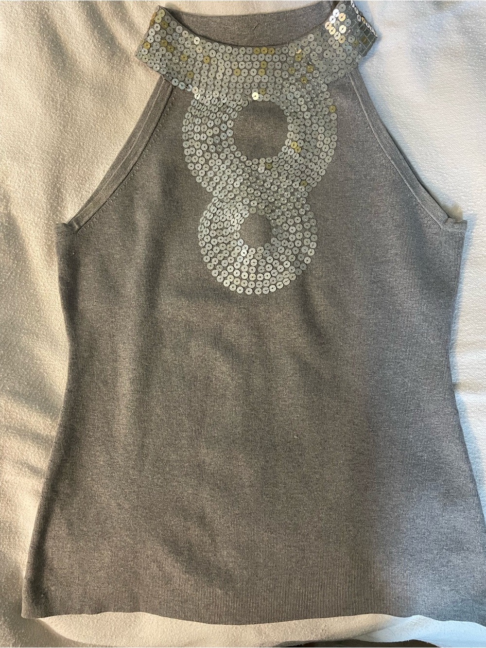 INC International Concepts Gray Silk Knit Halter Top with Jeweled Neckline - Picture 2 of 7